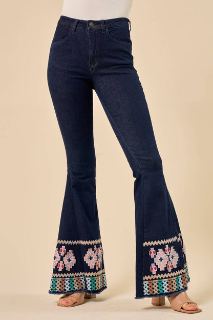 DARK DENIM BELLBOTTOMS WITH EMBROIDERY DETAIL