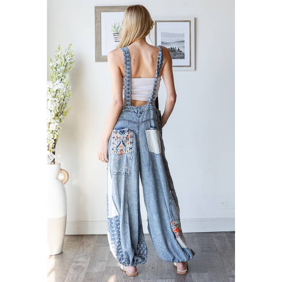 WASHED MULTI PATCHWORK TENCEL OVERALLS