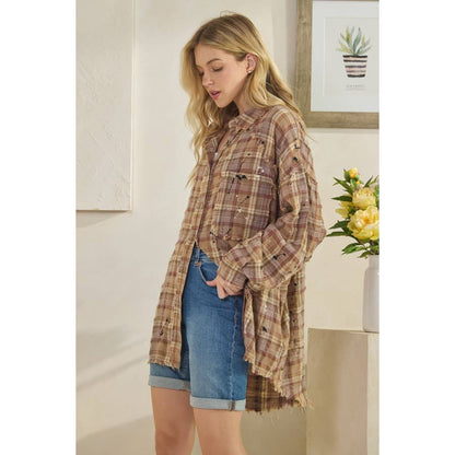 WASHED BUTTON DOWN LONG SLEEVE PLAID SHIRT