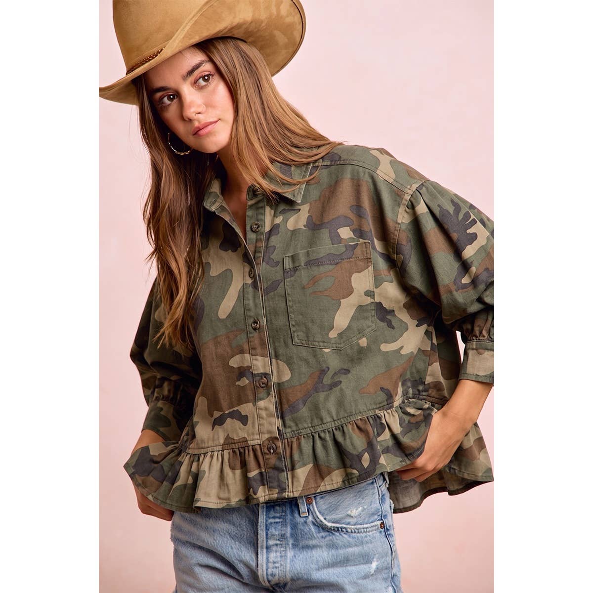 CAMO PRINTED RUFFLED HEM BUTTON DOWN BLOUSE
