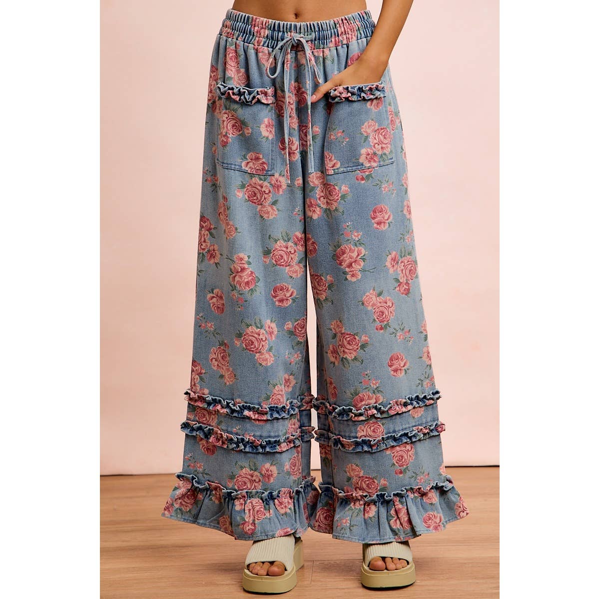 WASHED FLORAL DENIM WITH RUFFLE ELASTIC WIDE PANTS