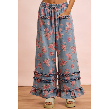 WASHED FLORAL DENIM WITH RUFFLE ELASTIC WIDE PANTS