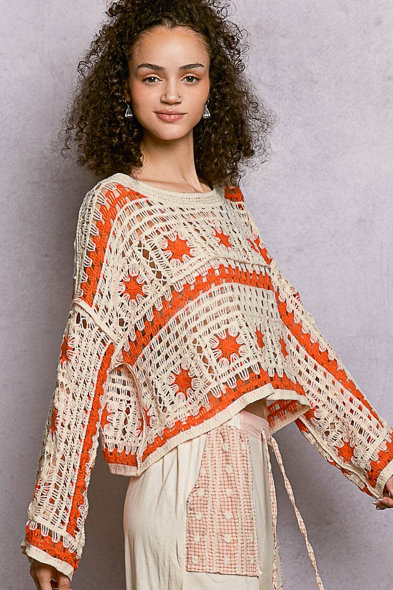 Orange and Cream Granny Square Long Sleeve Crochet Top