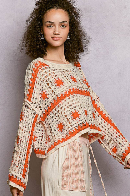 Orange and Cream Granny Square Long Sleeve Crochet Top