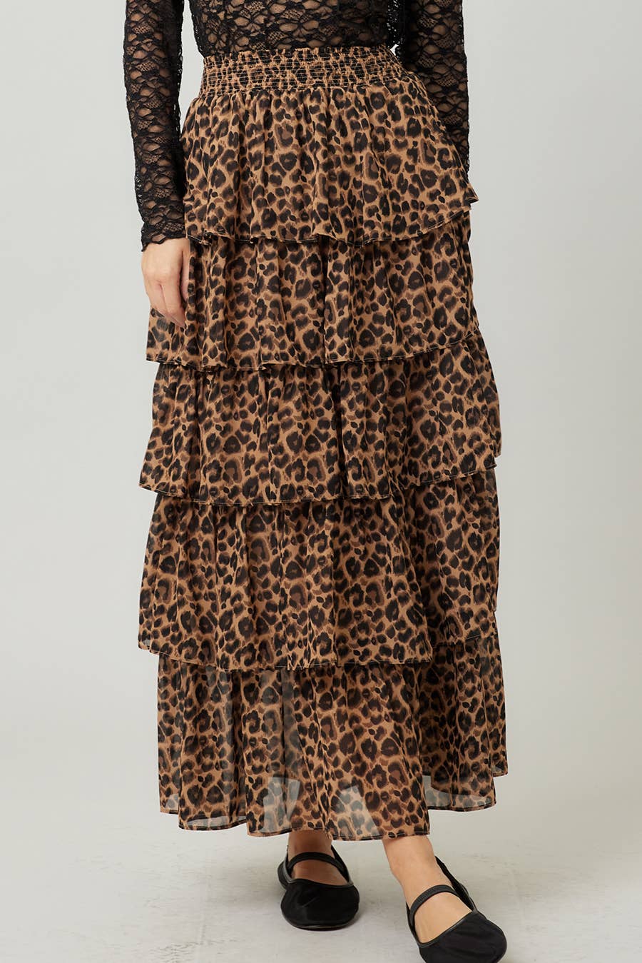 Leopard Print Tiered Ruffle Maxi Skirt