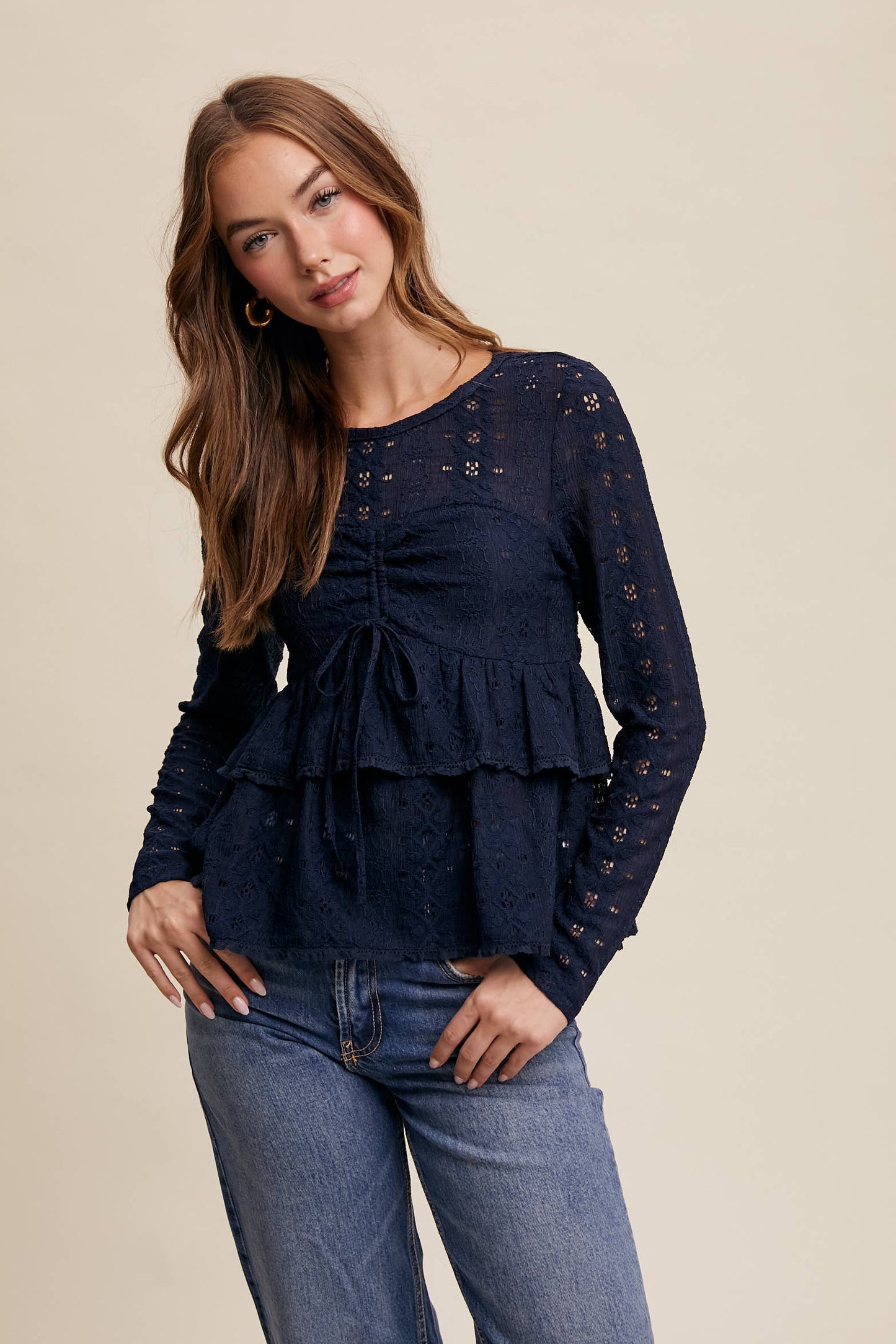 Stretch Lace Tiered Blouse with Drawstring Detail