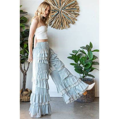 LAYERED RUFFLE PATCHED WIDE LEG PANTS