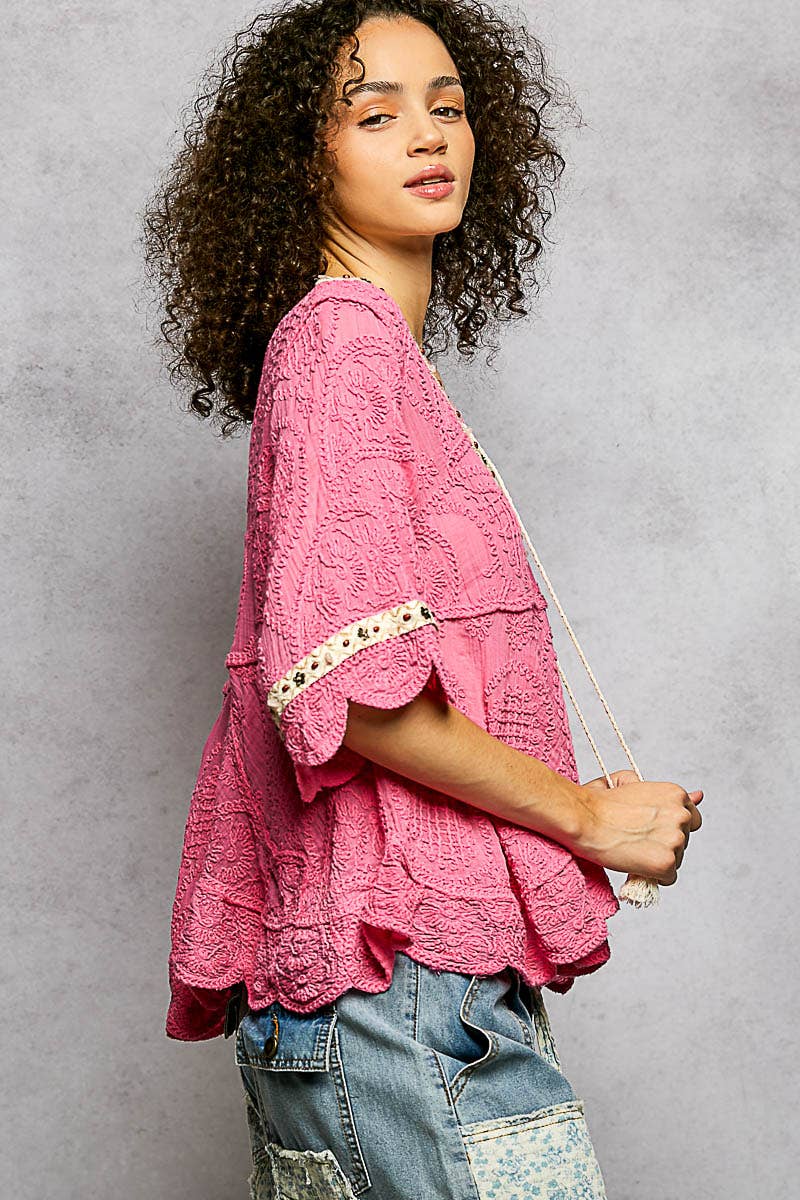 Short Sleeve Adjustable Drawstring Crochet V Neck Top