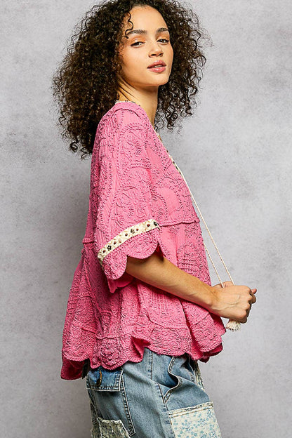 Short Sleeve Adjustable Drawstring Crochet V Neck Top