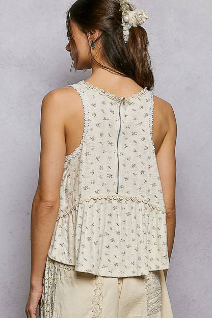 Round Neck Ruffle Hem Trim Detail Floral Sleeveless Top