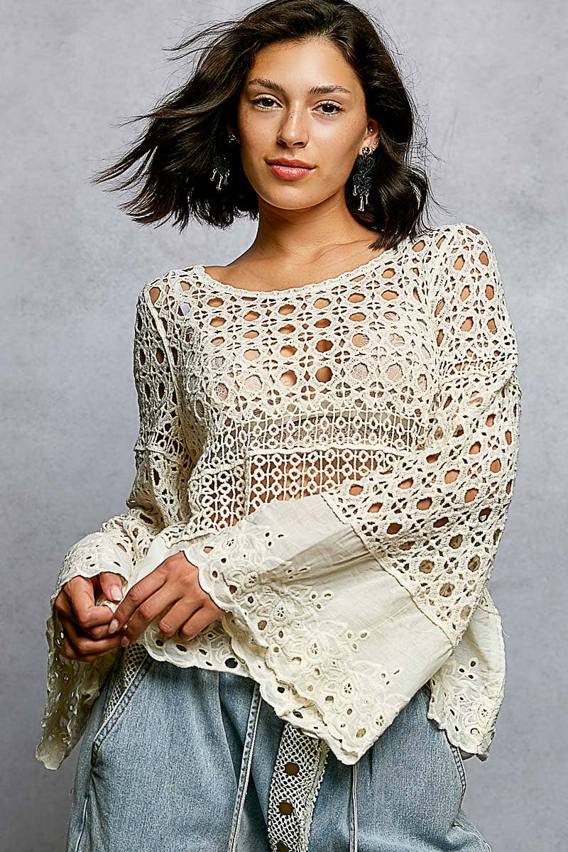 Long Sleeve Round Neck Crochet Top