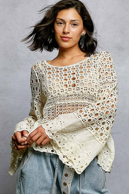 Long Sleeve Round Neck Crochet Top