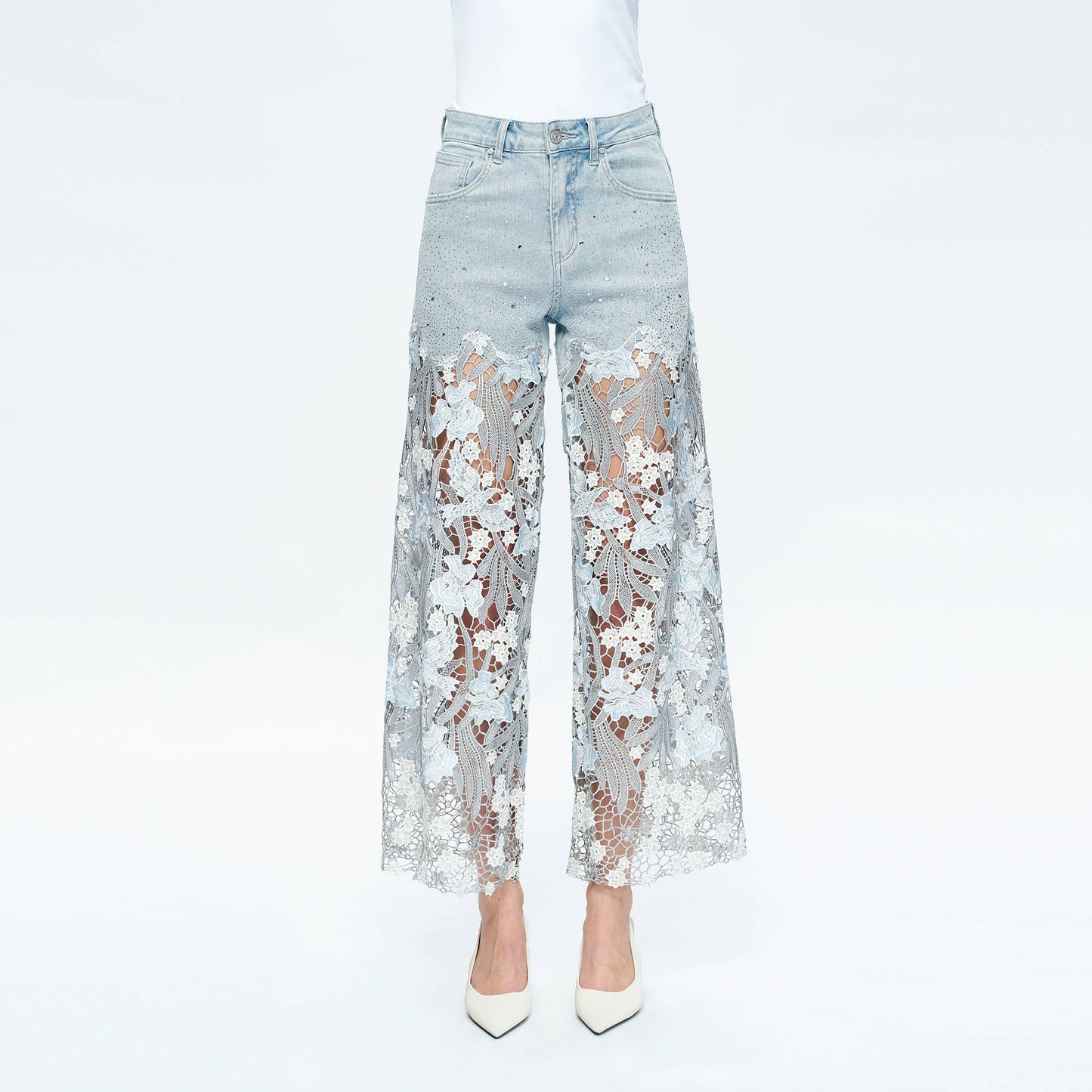 HIGH RISE WIDE LEG JEANS WITH LACE SPLICED