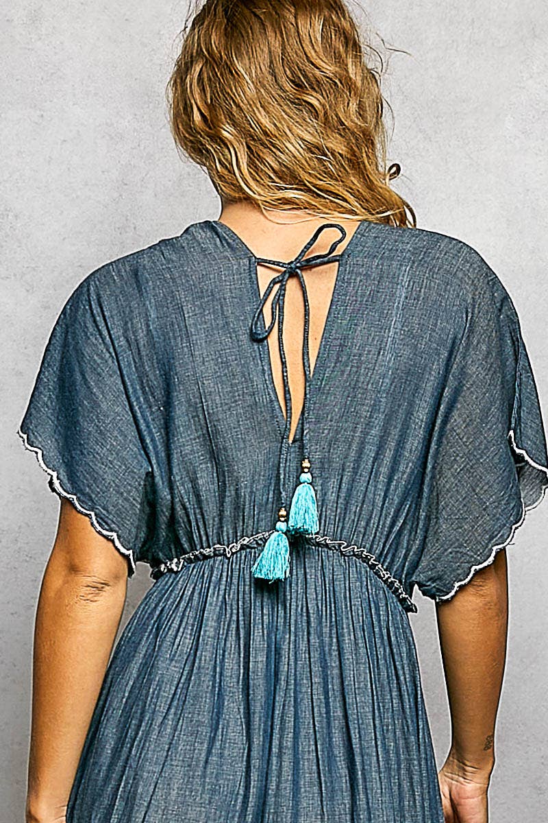Embroidery Ruffle Cotton Denim V-Neck Long Dress