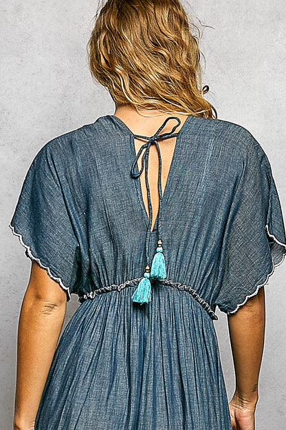 Embroidery Ruffle Cotton Denim V-Neck Long Dress