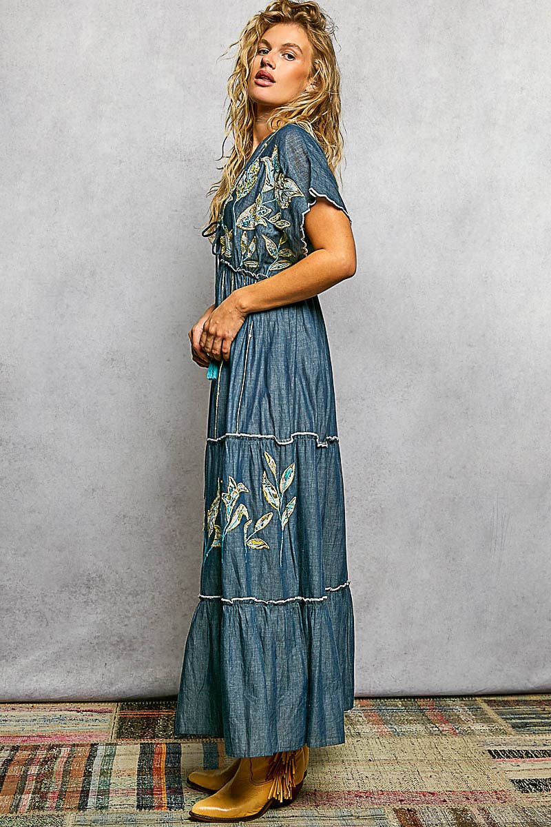 Embroidery Ruffle Cotton Denim V-Neck Long Dress