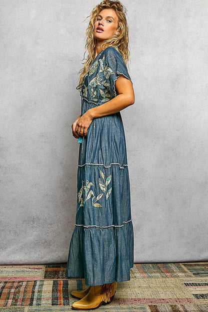 Embroidery Ruffle Cotton Denim V-Neck Long Dress