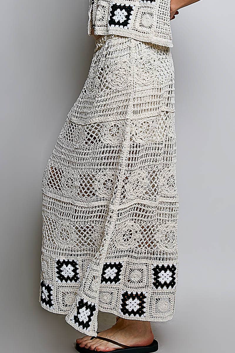 Granny Square Weave Ruffle Waistband Crochet Maxi Skirt