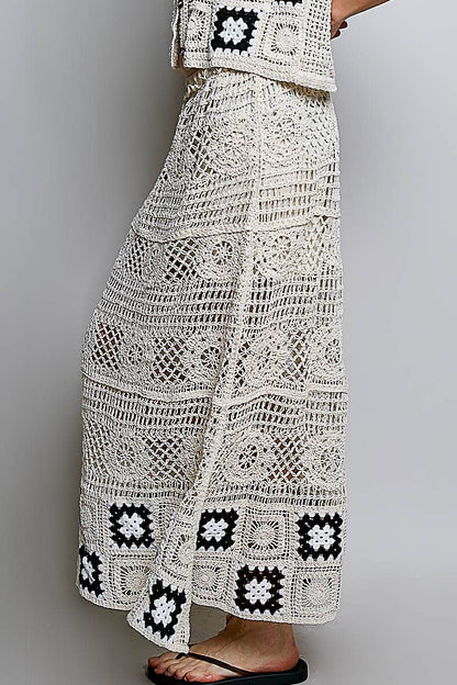 Granny Square Weave Ruffle Waistband Crochet Maxi Skirt