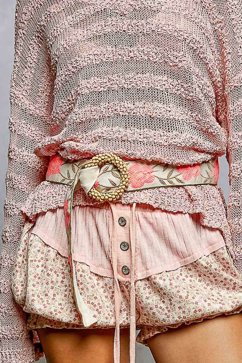 Pink floral pattern round buckle belt