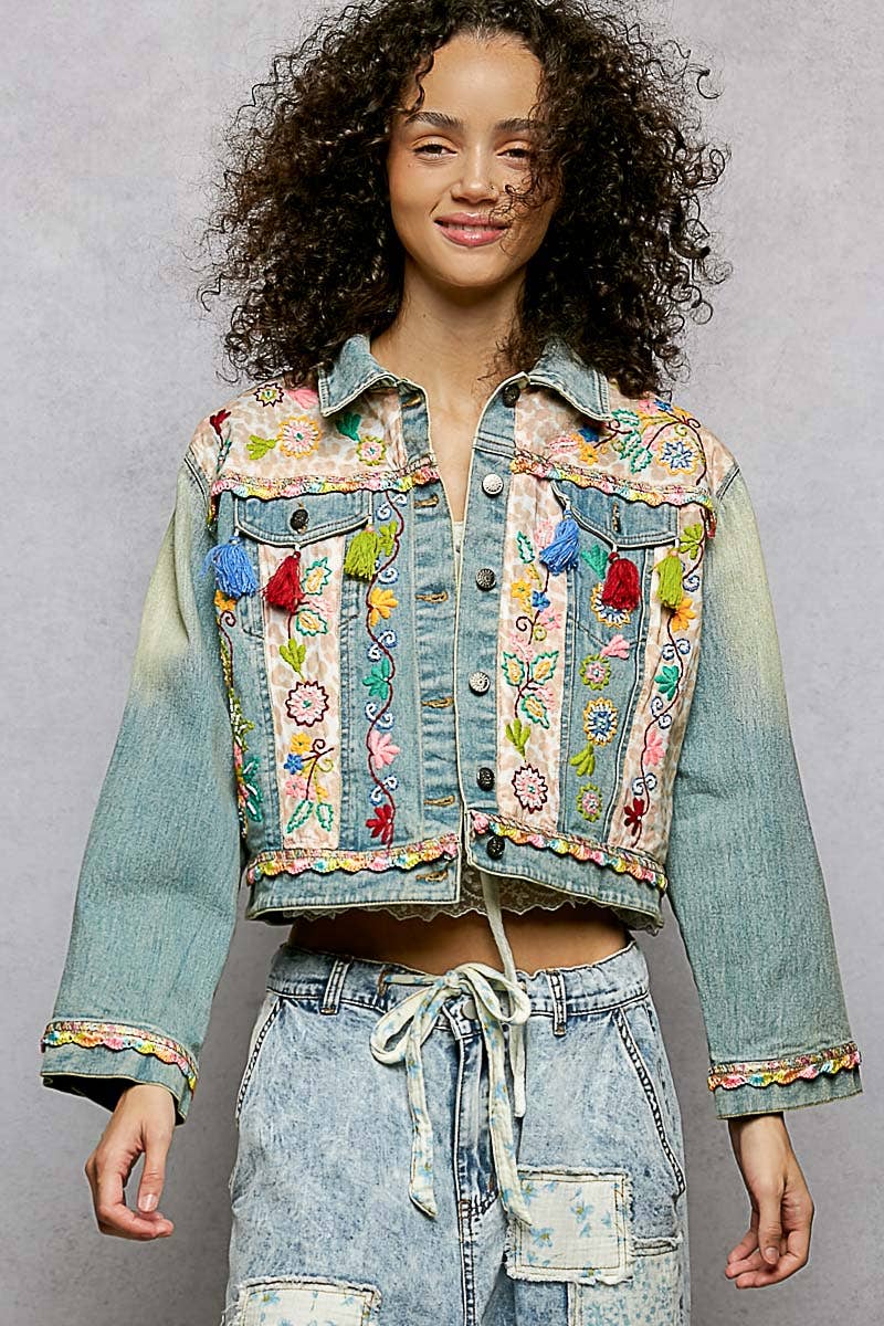 Floral Embroidery Lace Trim Tassel Denim Jacket