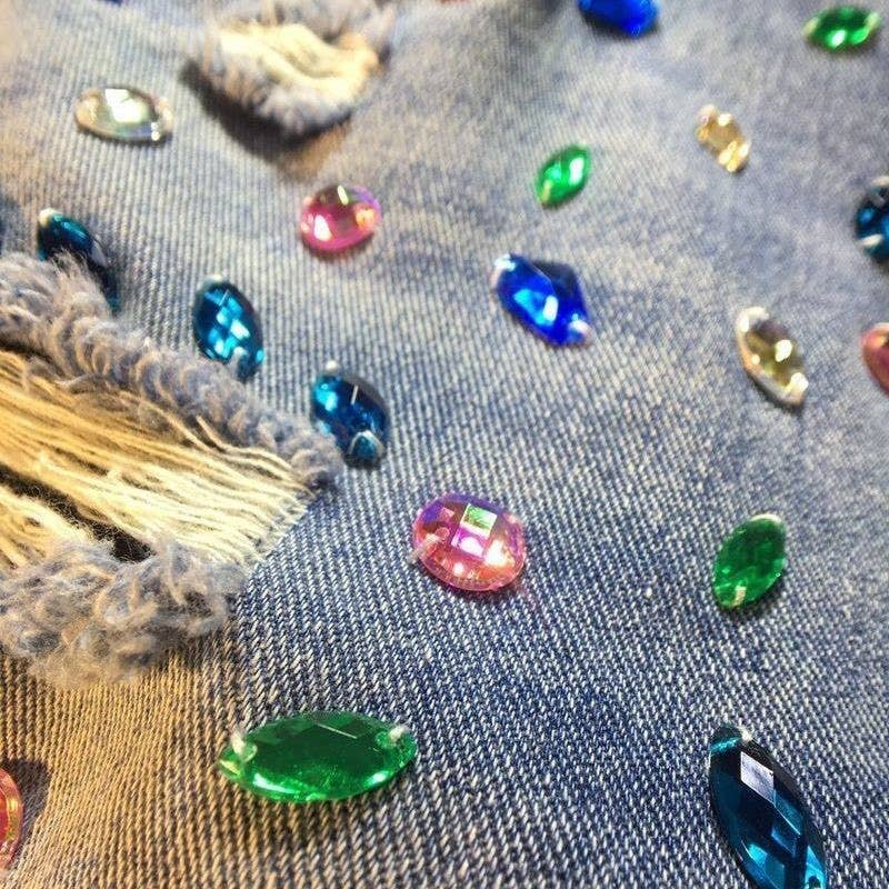 Beaded Rhinestone High Waist Distressed Denim Shorts