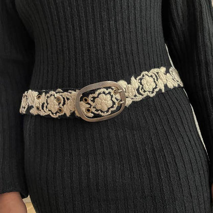 Two-Tone Embroidered Wool Belt, Black/Cream