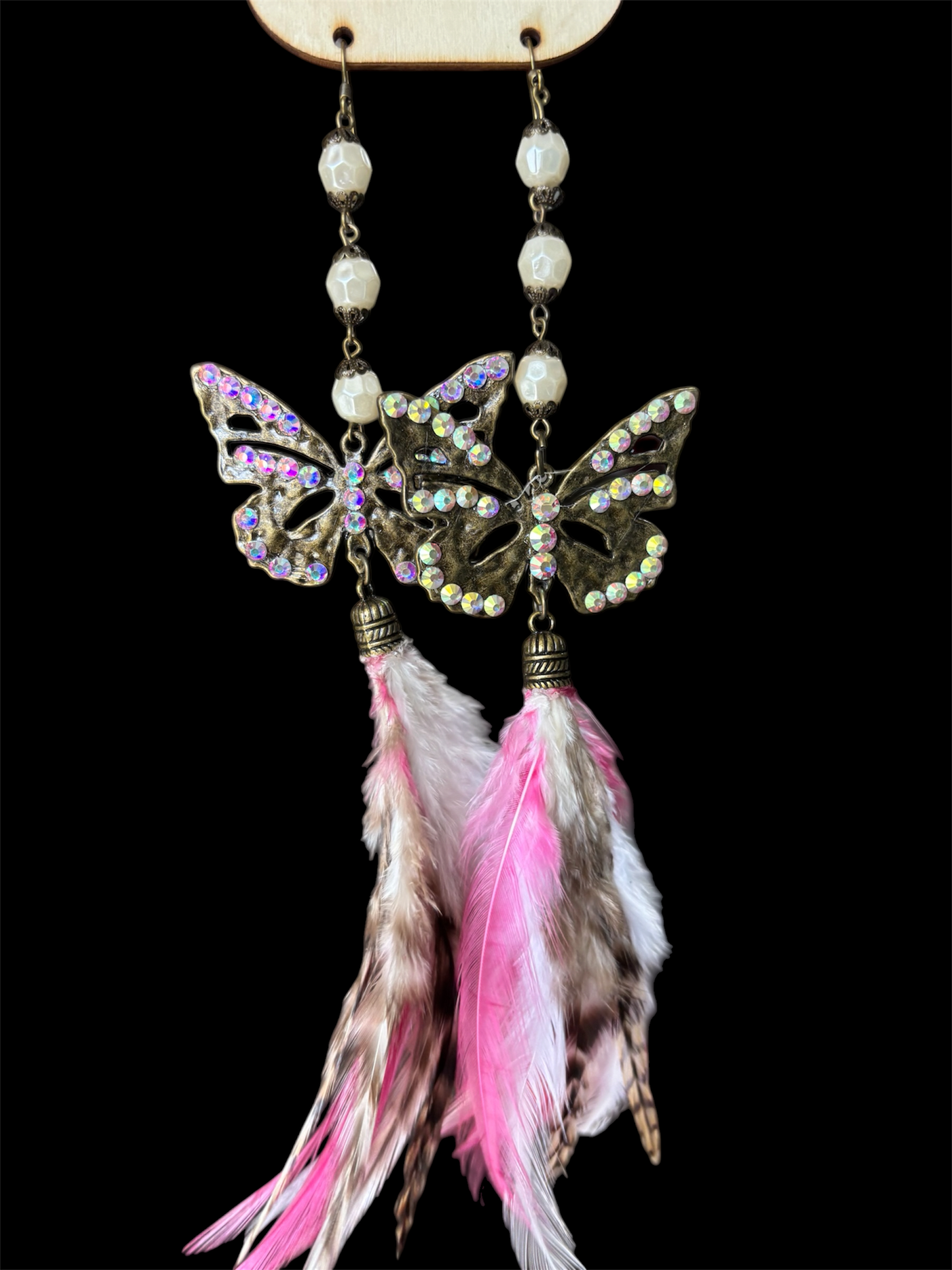 Pink Crystal Butterfly Feather Earrings