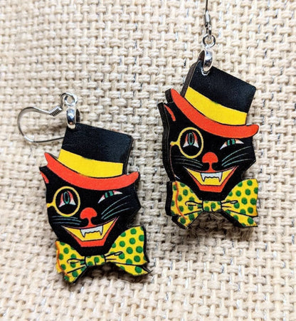 Monocle Cat  Halloween Cat Earrings
