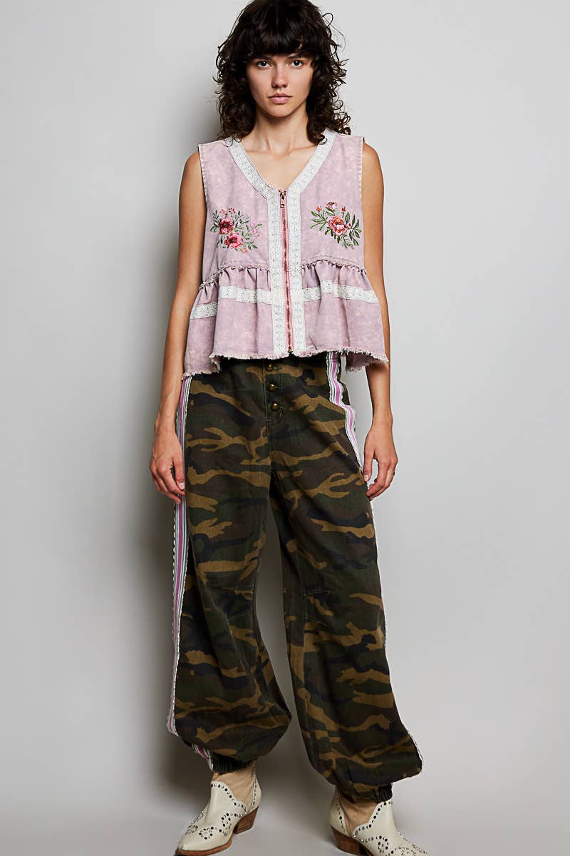 Embroidered Raw Edge Vintage Washing Twill Vest Jacket Top