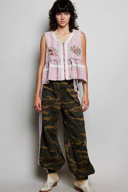Embroidered Raw Edge Vintage Washing Twill Vest Jacket Top