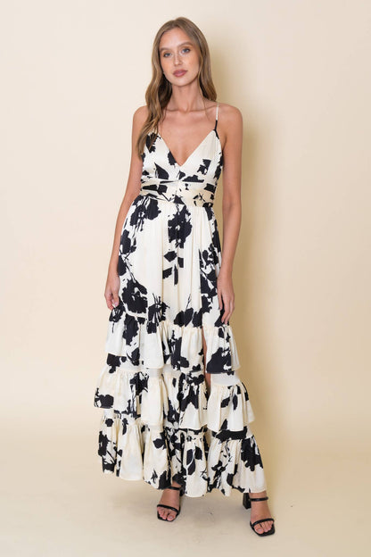 FLORAL V NECK MAXI TIERED RUFFLE DRESS