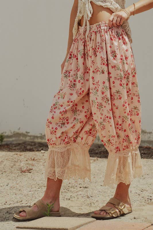 Floral Cotton Lace Hem Balloon Bloomer Pants