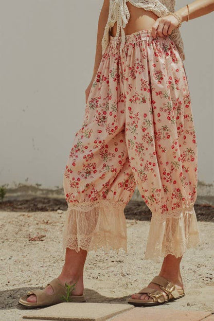 Floral Cotton Lace Hem Balloon Bloomer Pants