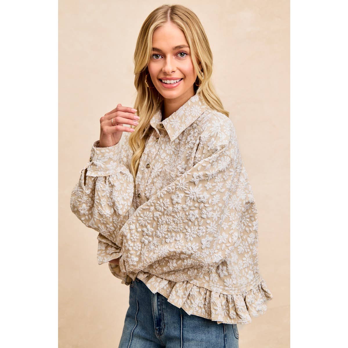 TEXTURED FLORAL PATTERN RUFFLED HEM SHIRT TOP