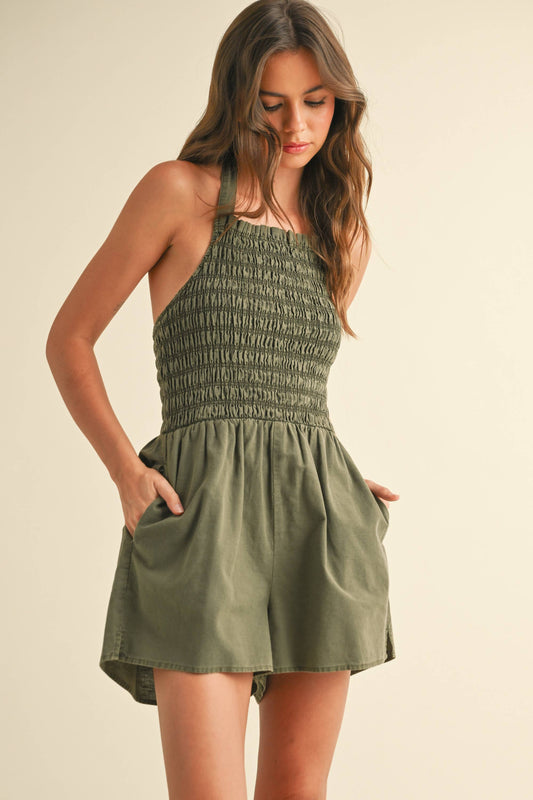 Olive Green Smocked Halter Romper