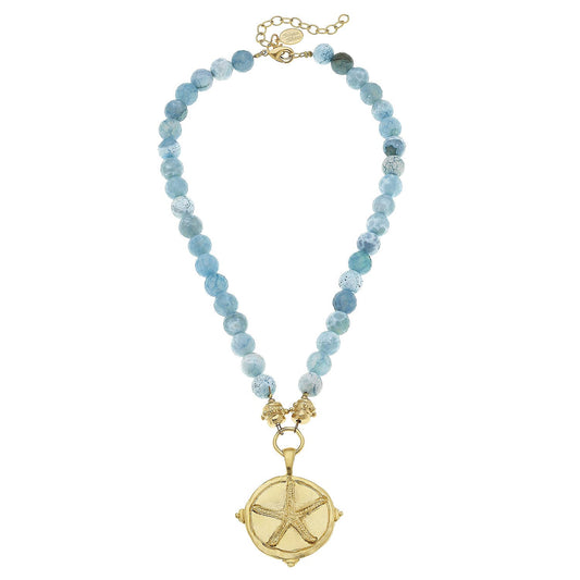 Gold Starfish on Aqua Fire Agate Necklace