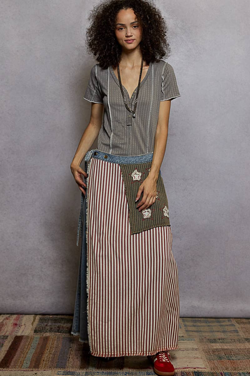 American flag wrapping raw edge camo/solid woven wide pants