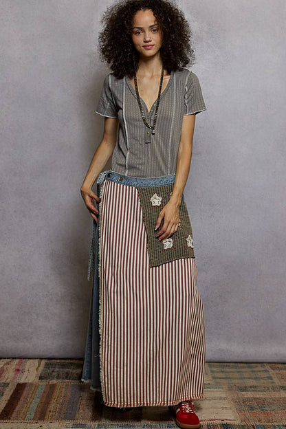 American flag wrapping raw edge camo/solid woven wide pants
