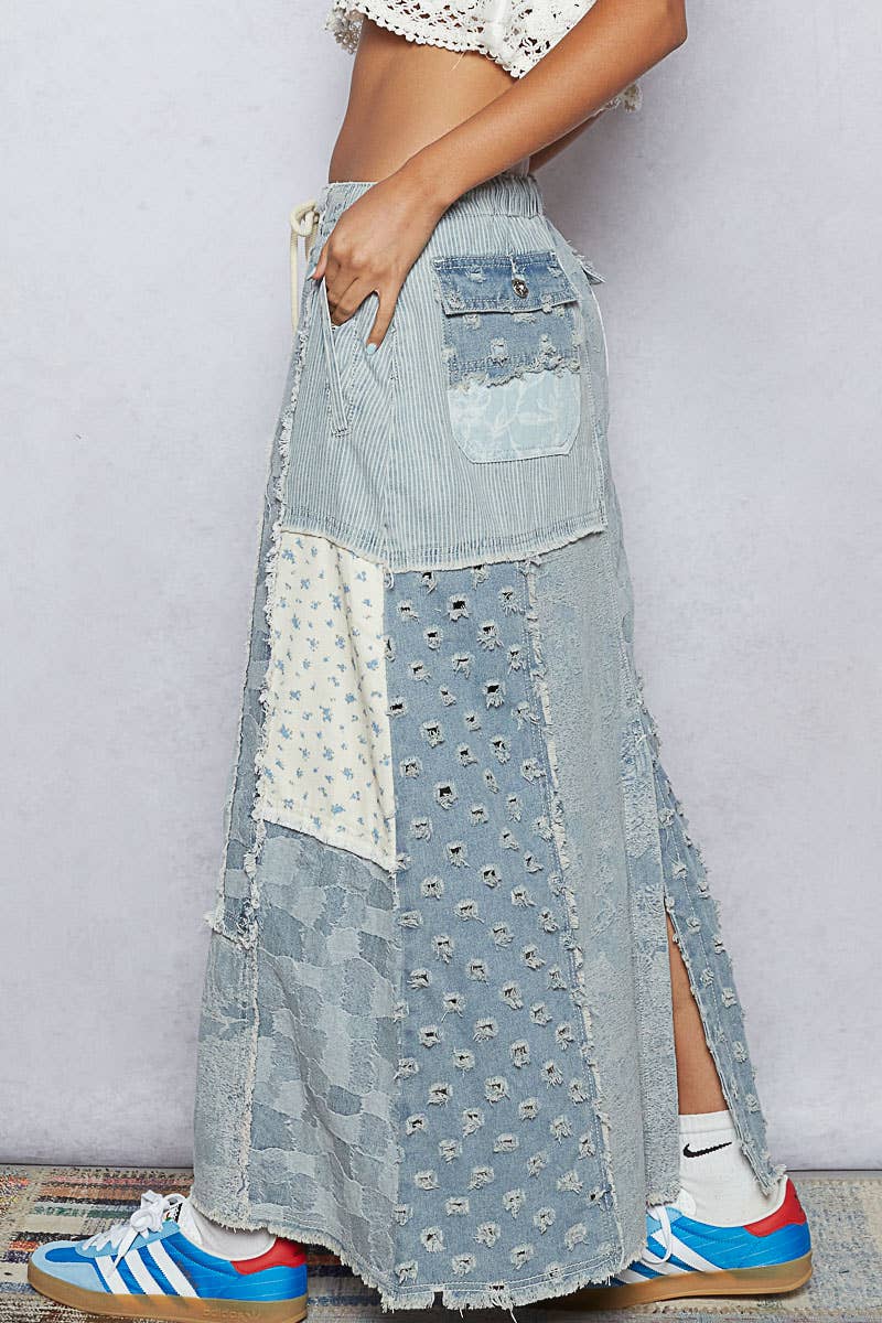 Floral pattern denim patchwork detail skirt