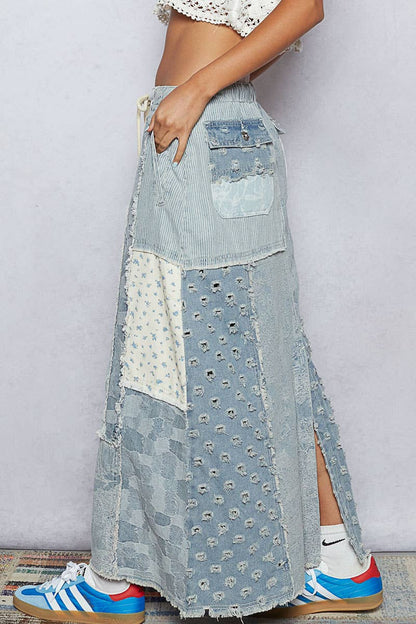 Floral pattern denim patchwork detail skirt