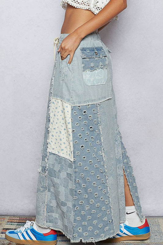 Floral pattern denim patchwork detail skirt