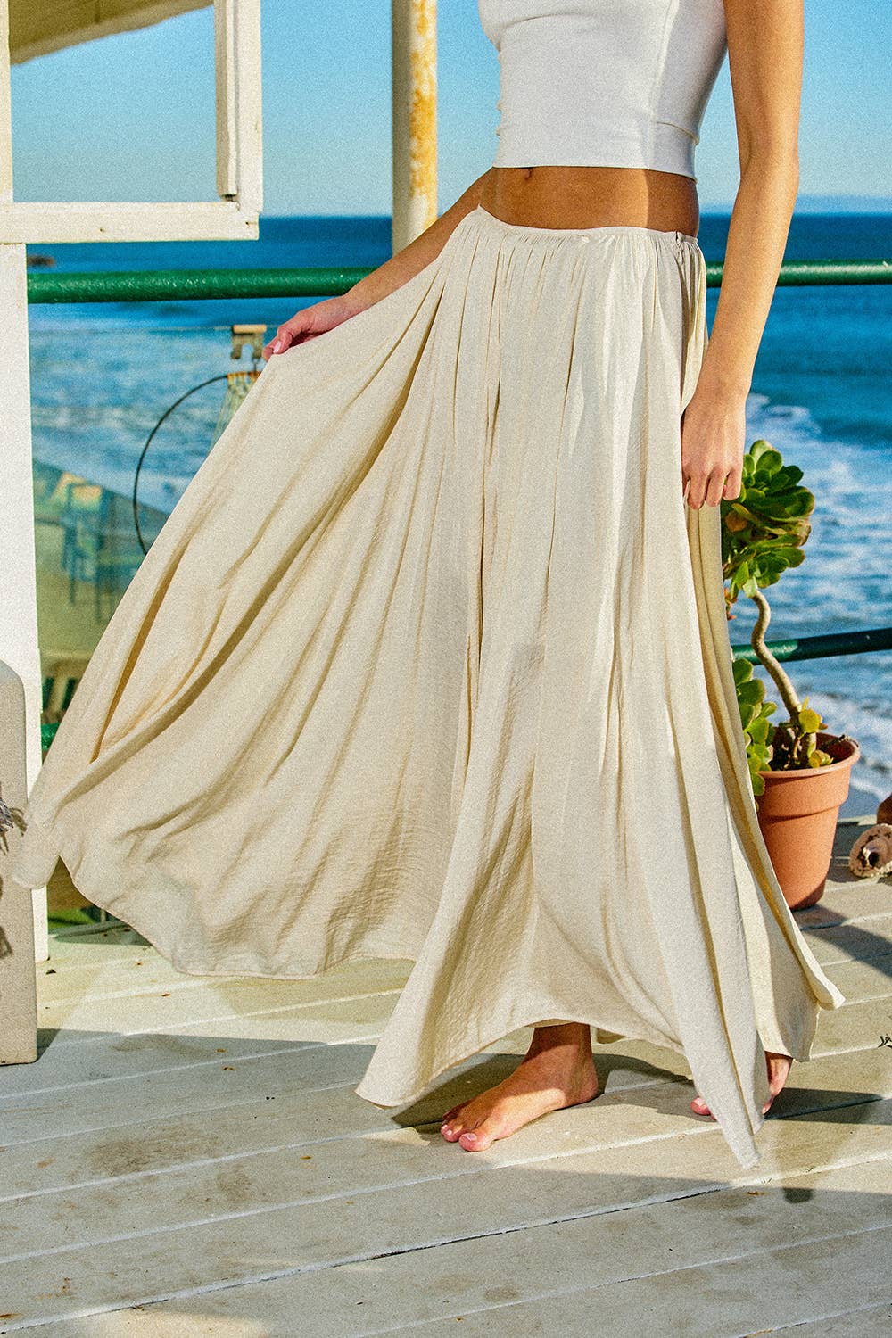 Solid Soft Pleated Flowy Maxi Skirt With Lining
