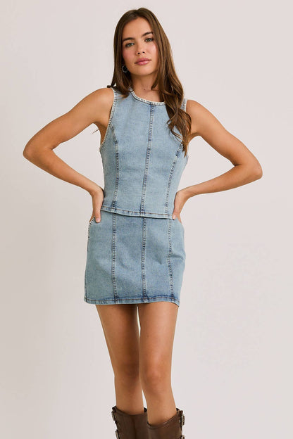 DENIM TOP WITH LOW WAIST DENIM SKIRT