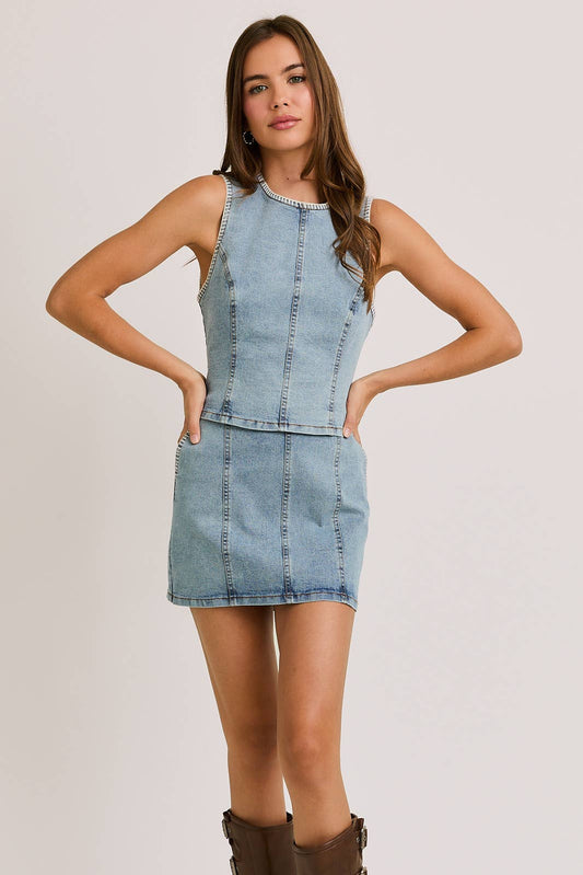 DENIM TOP WITH LOW WAIST DENIM SKIRT