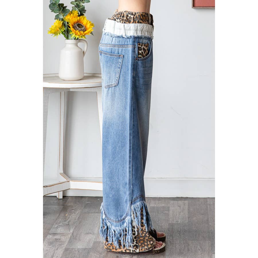 WASHED LEOPARD DOUBLE WAIST WITH FRAYED HEM JEANS