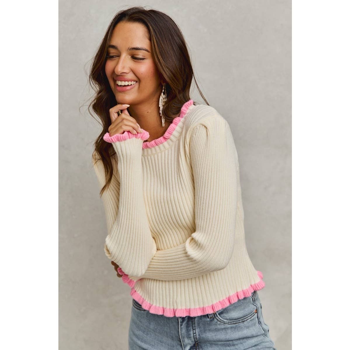 Ruffle Edge Ribbed Sweater Knit Top