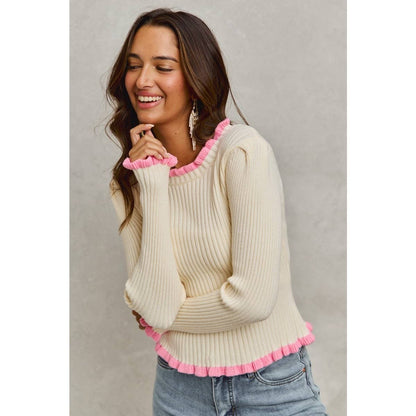 Ruffle Edge Ribbed Sweater Knit Top