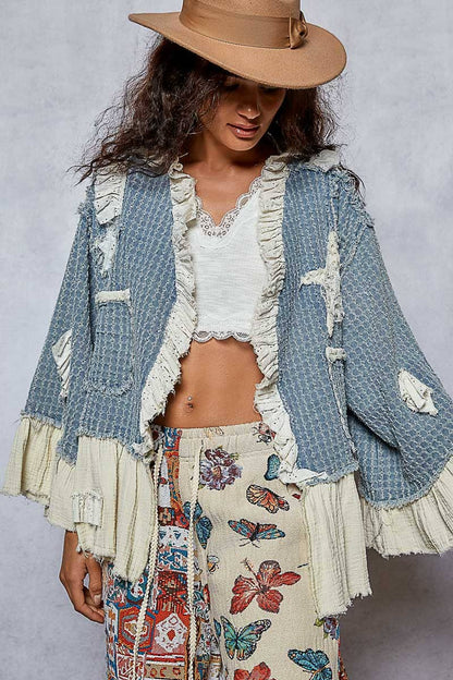 3/4 sleeve double gauze ruffle star denim woven jacket
