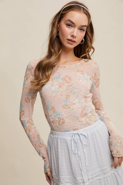 Floral Mesh Long Sleeve Layering Top